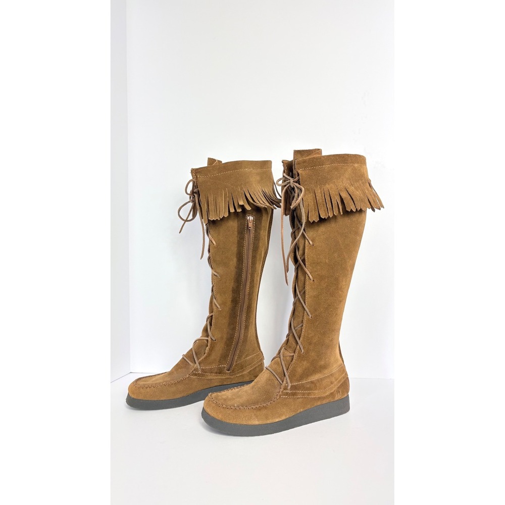 Report Dingo Brown Suede Lace Up Fringe Knee High Moccasin Boots Size 8.5 Boho